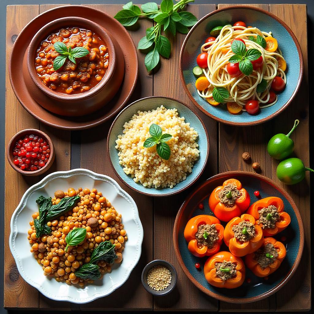 pikaso texttoimage A vibrant display of five global dishes a Moroccan