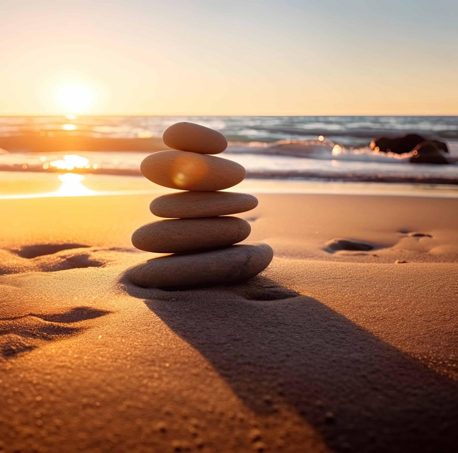 zen stones balanced beach with copy space sunrise light meditation relaxation ai generative 1 1