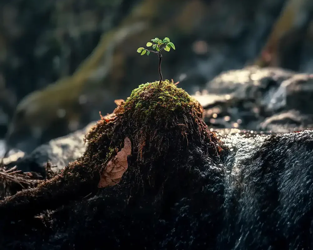 Small plant growing on mossy rock