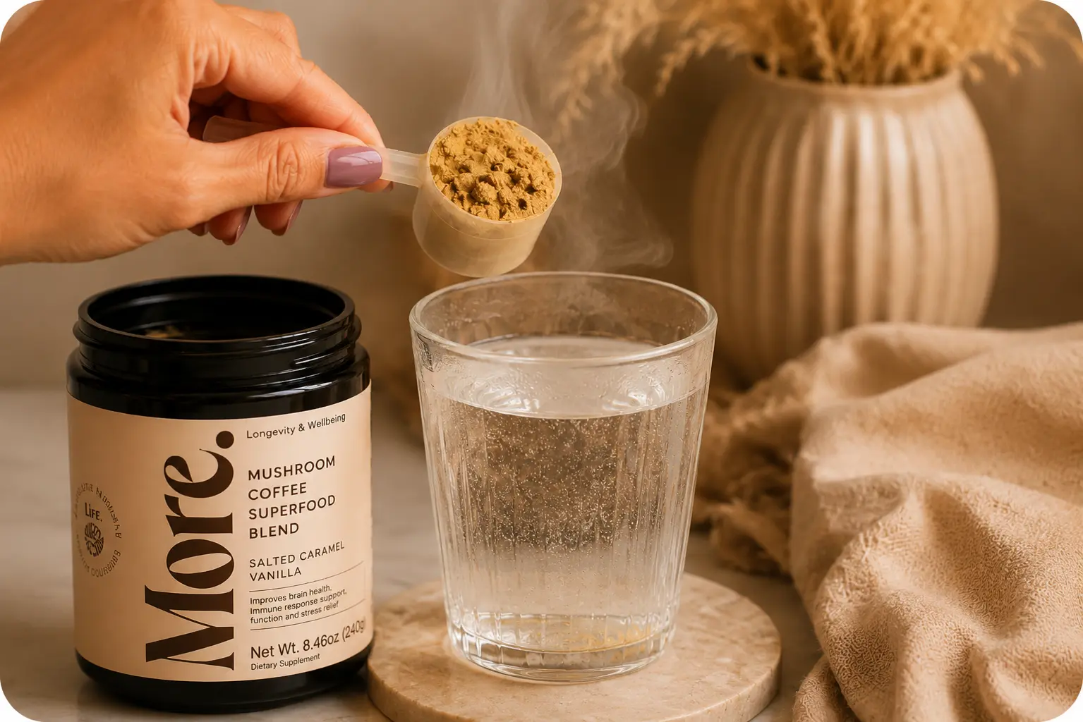 Scooping mushroom coffee into a cup