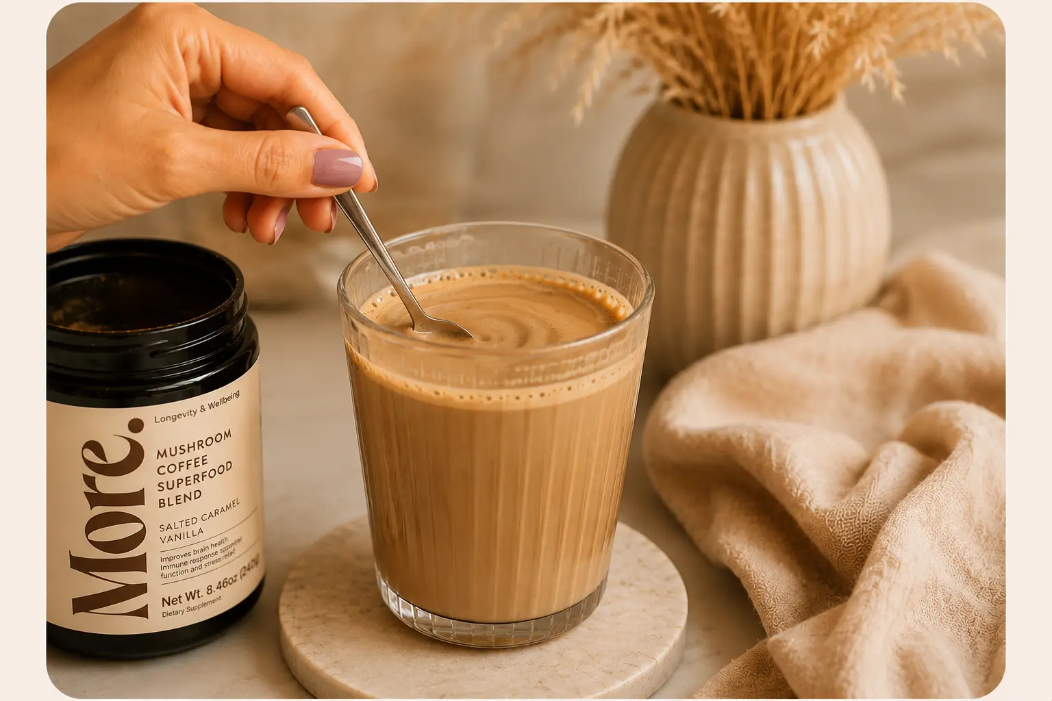 Mixing mushroom coffee until smooth