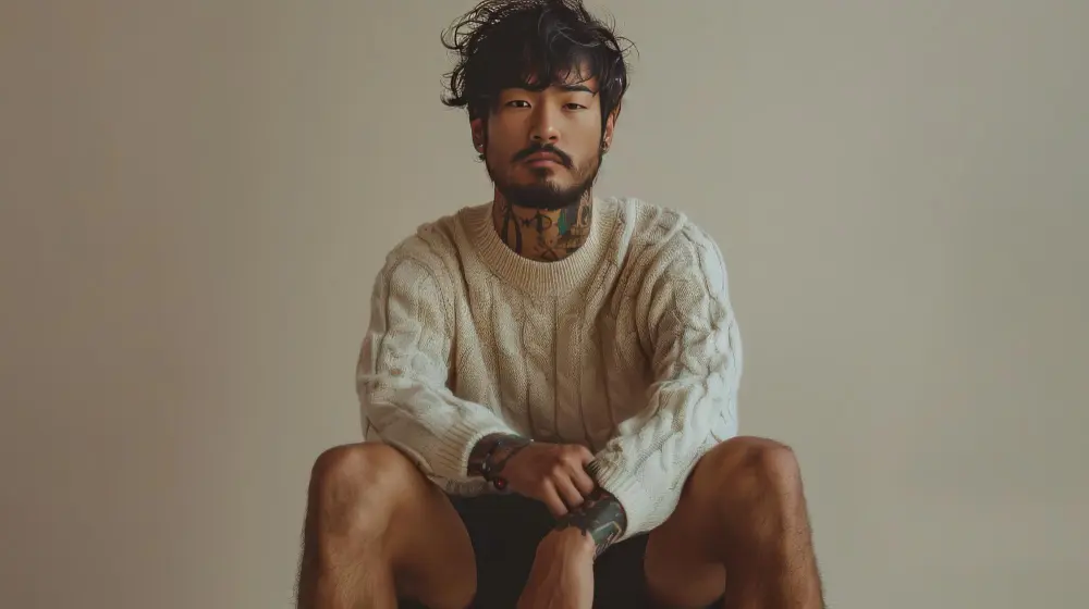Tattooed man in cozy sweater, seated.