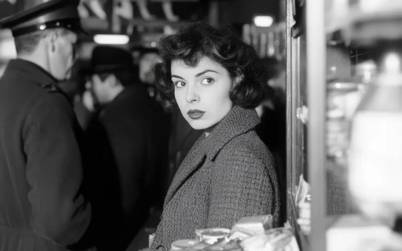 young woman with worried expression slim stylish minor robbery scene small shop poli2
