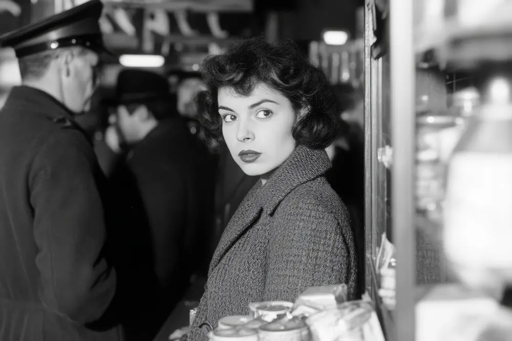 young woman with worried expression slim stylish minor robbery scene small shop poli2