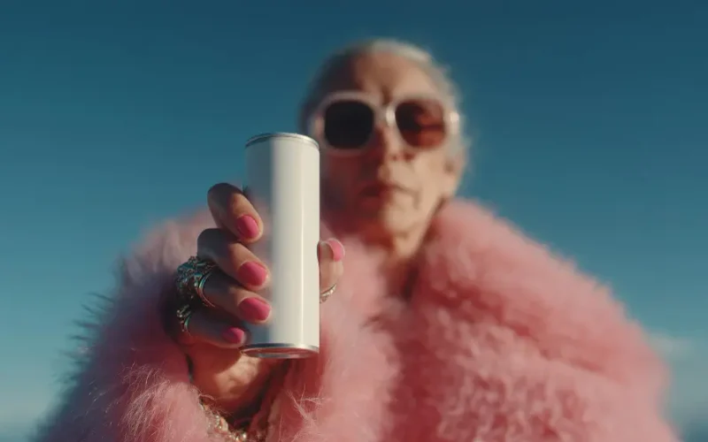 cool grandma holding tall soda can up camera 3
