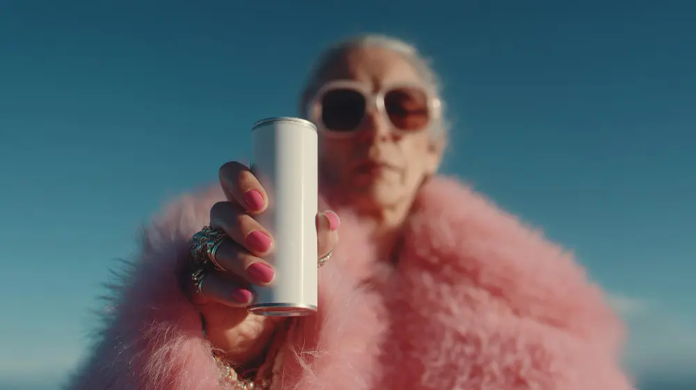 cool grandma holding tall soda can up camera 3